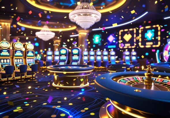 화려한 카지노 내부에서 슬롯머신과 포커 테이블, 회전하는 룰렛 휠이 있는 축제 분위기의 장면