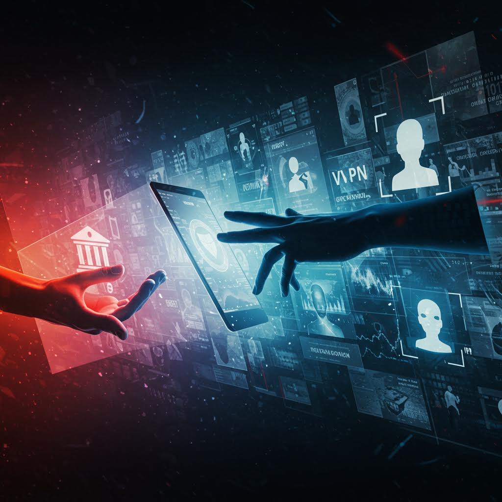 태블릿에서 뻗어나오는 해커의 손이 은행 정보와 개인 데이터를 훔치는 모습을 그린 사이버 보안 위협 일러스트레이션