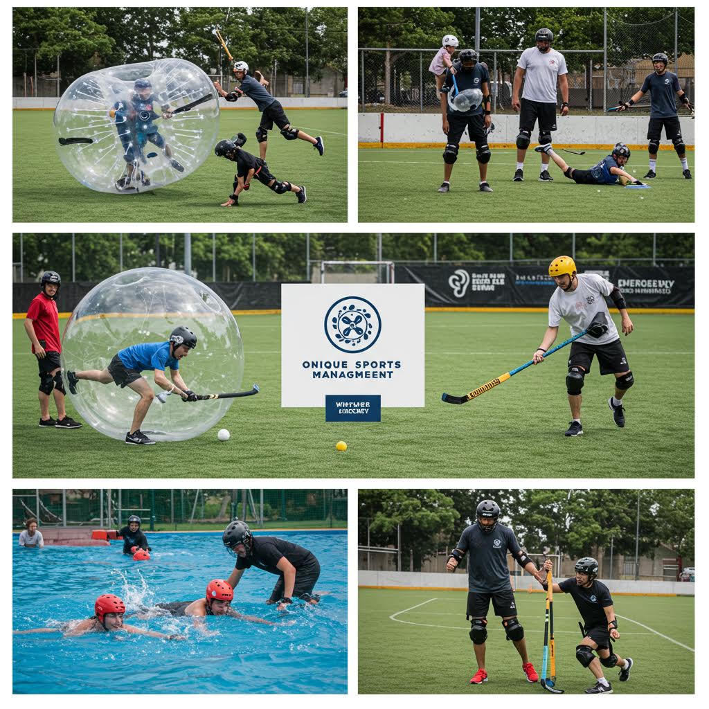 선수들이 버블 수트와 보호 장비를 착용하고 다양한 스포츠 활동을 즐기는 장면으로, 온카스터디의 융합형 스포츠 교육과 체험형 데이터 분석 프로그램을 보여준다.