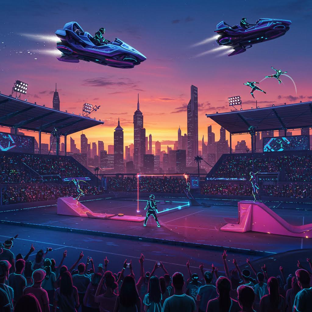 네온빛 도시를 배경으로 공중 차량과 선수들이 어우러진 미래형 스포츠 경기의 장면