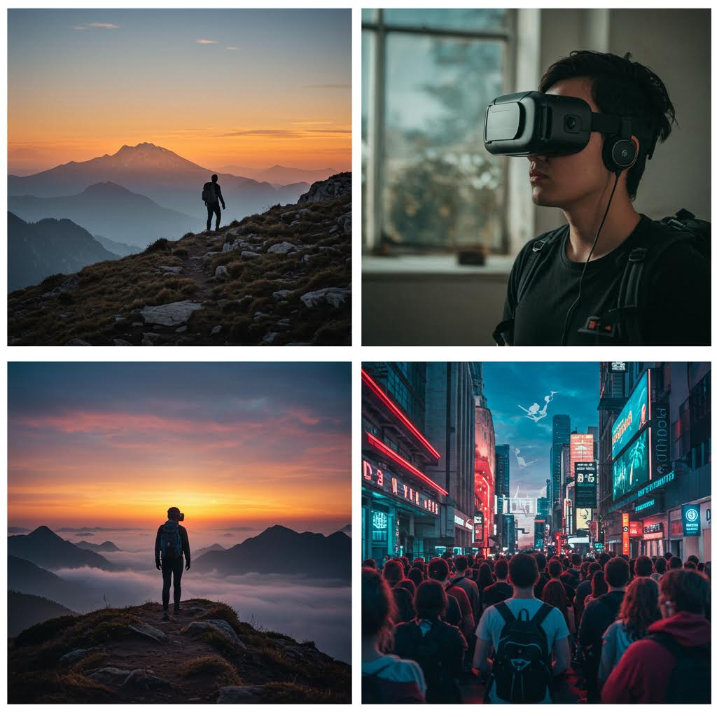 산 정상에서 저녁노을을 바라보는 인물이 고요한 하늘빛 속에서 자유를 마주한 순간의 풍경