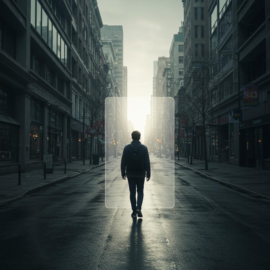 비가 온 듯한 흐린 도시 거리에서 한 남자가 등을 보인 채 멀어지며 빛을 향해 걸어가는 모습. 중앙에 투명한 직사각형 프레임이 오버레이되어 미래적 또는 디지털적인 분위기를 더한다.