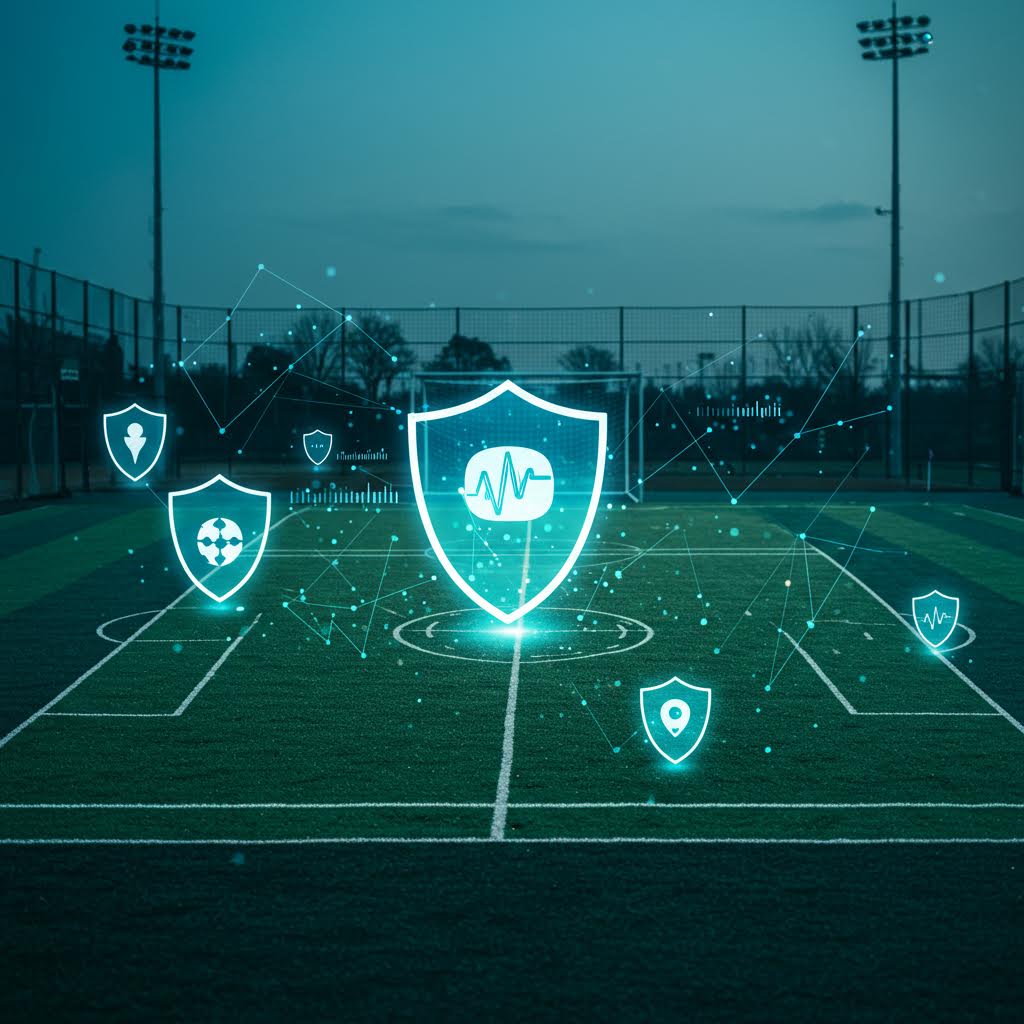 운동장의 중앙에 빛나는 방패가 떠오르며 온카스터디의 스포츠 데이터 보안이 구현되는 장면