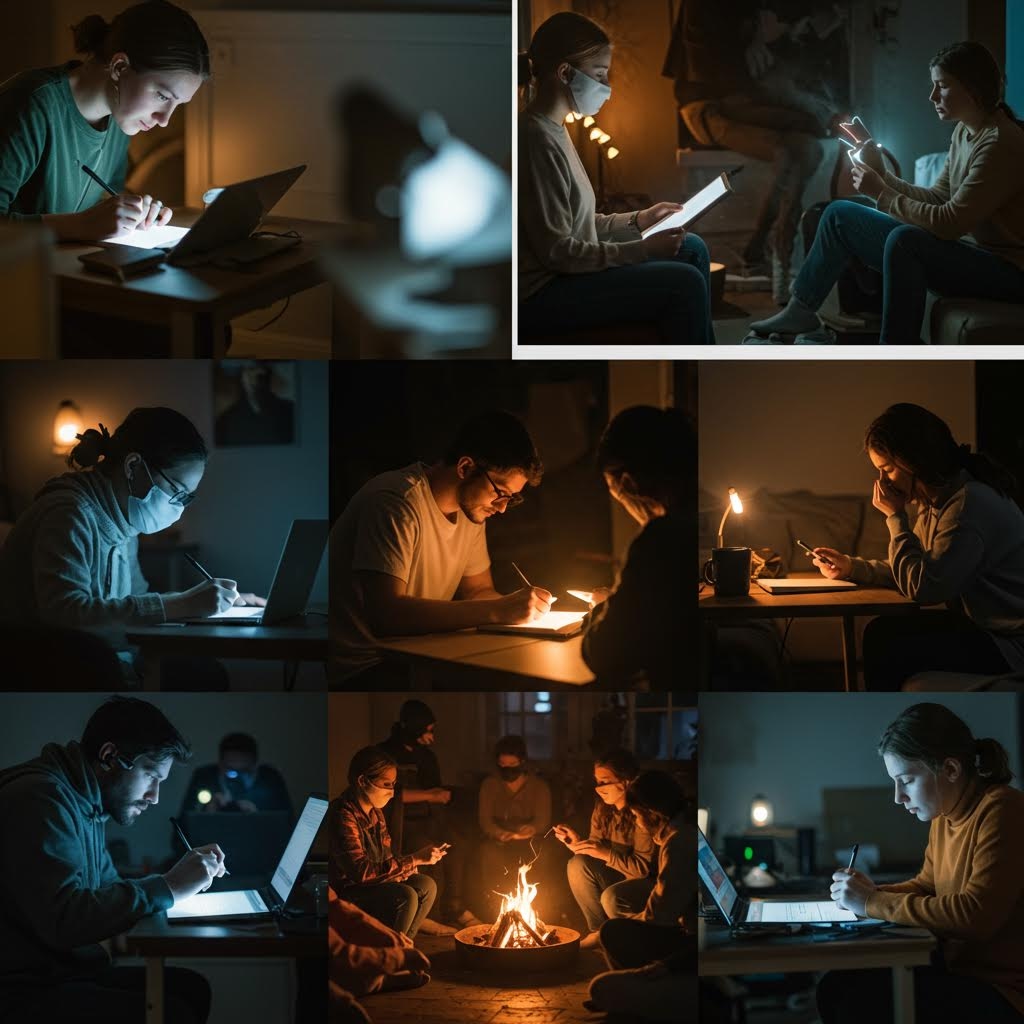 정전 혹은 비상 상황 속에서 노트북과 태블릿 불빛에 의존해 공부하고 토론하는 사람들 모습