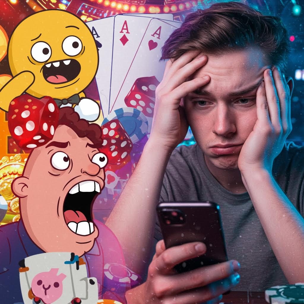 도박 관련 이미지와 과도한 게임·베팅으로 스트레스를 받는 남성을 대비한 도박 중독 경고 이미지