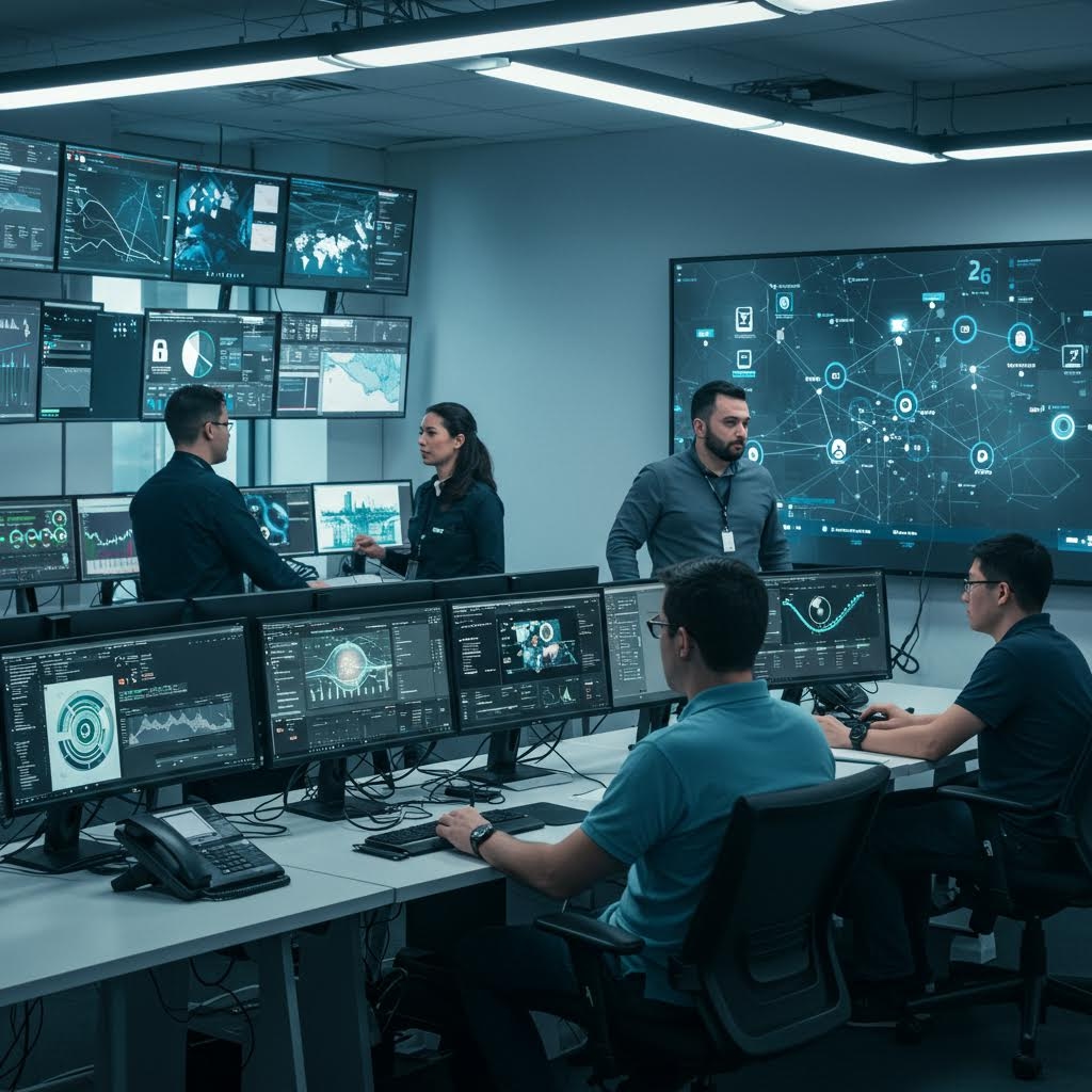 다수의 모니터와 대형 스크린 앞에서 데이터 분석 및 네트워크 모니터링을 수행하는 전문가 팀의 모습, 온카스터디 사이버 보안 실무 장면.