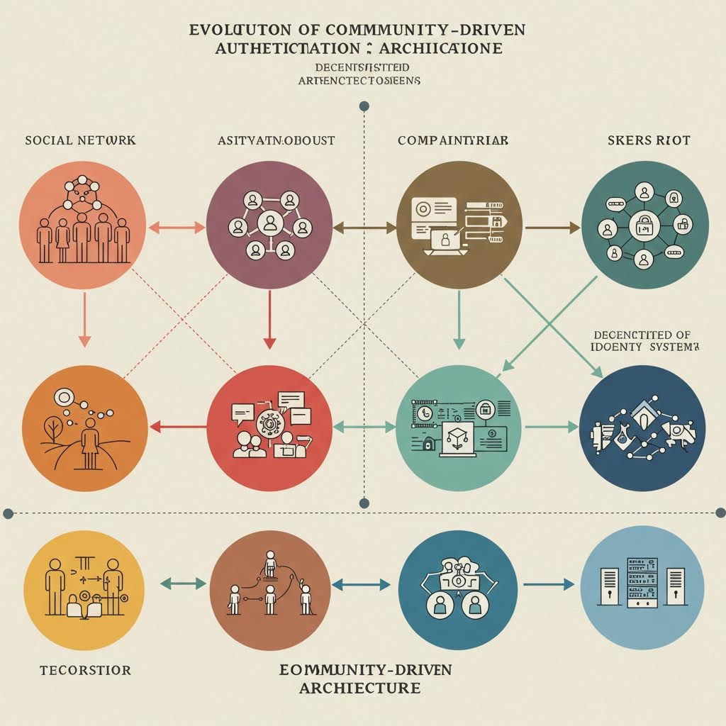 커뮤니티 중심 인증 아키텍처의 진화 과정을 보여주는 다이어그램으로, 소셜 네트워크부터 탈중앙화 시스템까지의 단계별 흐름을 시각화한 온카스터디 학습 자료