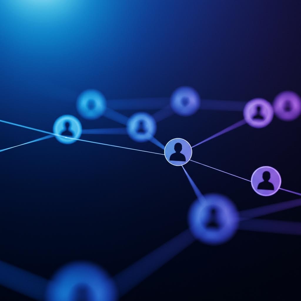파란·보라색 톤의 연결선과 아이콘으로 구성된 익명 사용자 네트워크 시각화 이미지