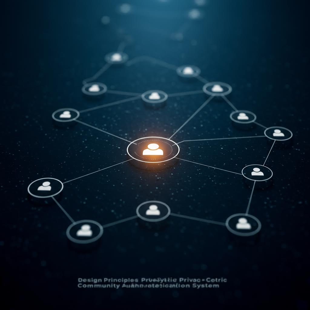 중앙 노드에서 빛나는 사용자 아이콘과 연결된 주변 노드들로 구성된 디지털 네트워크 구조, 온카스터디 프라이버시 기반 커뮤니티 인증 시스템 시각화.