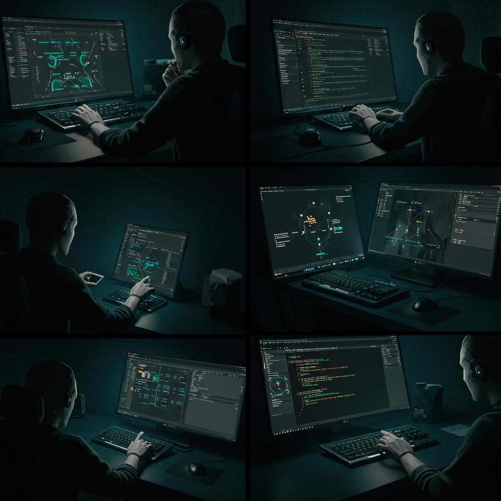 여러 모니터에서 코드와 보안 분석 화면을 보며 작업하는 개발자의 다중 모니터 프로그래밍 작업 장면
