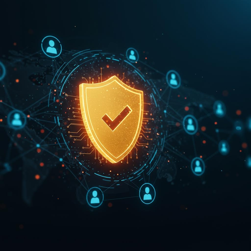 노란 방패 아이콘이 중심에 있는 보안 네트워크 구조와 사용자 보호 개념 그래픽