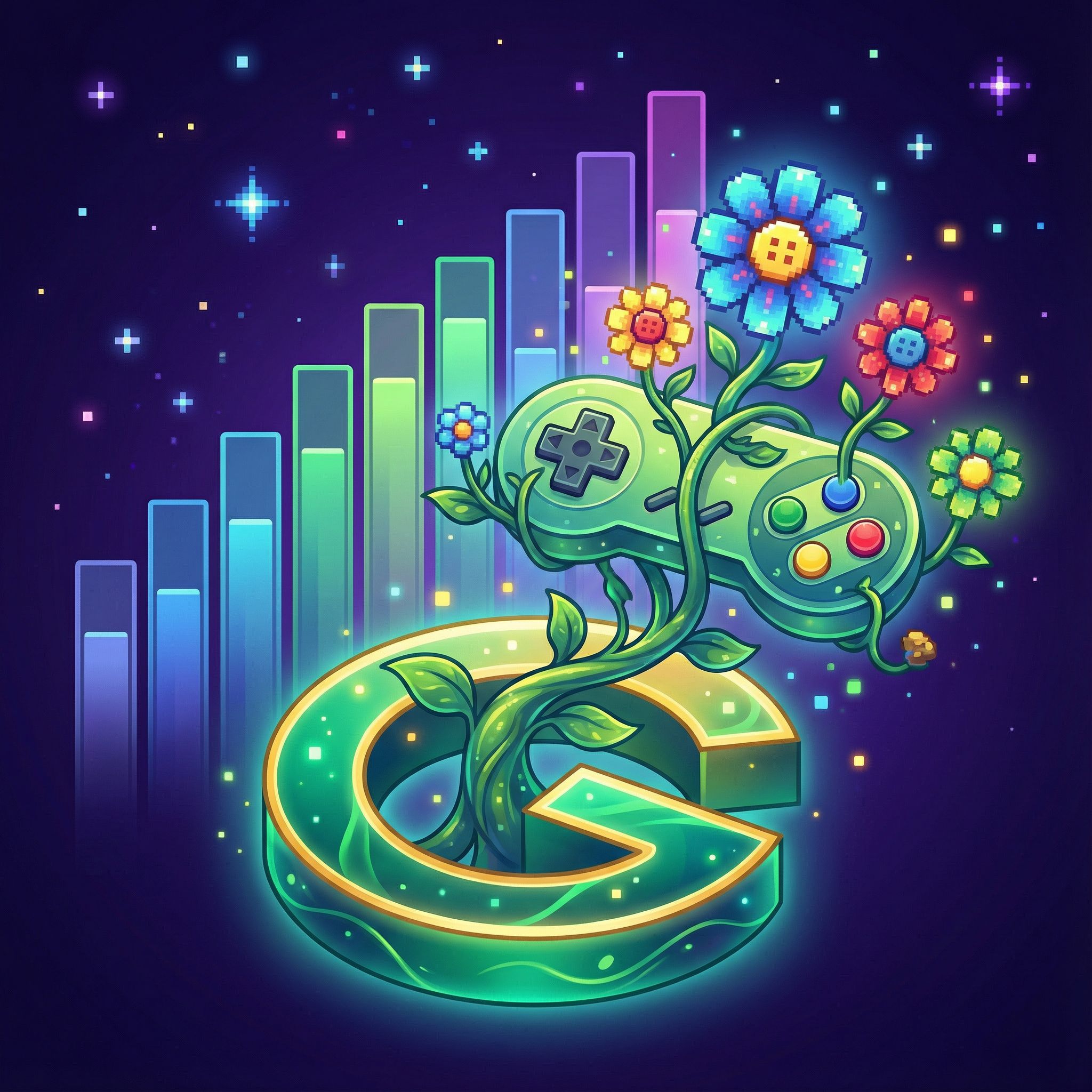 빛나는 스타일리시한 G 글자에서 게임 패드 덩굴이 자라나고, 버튼은 화려한 꽃으로 피어오르며, 배경에는