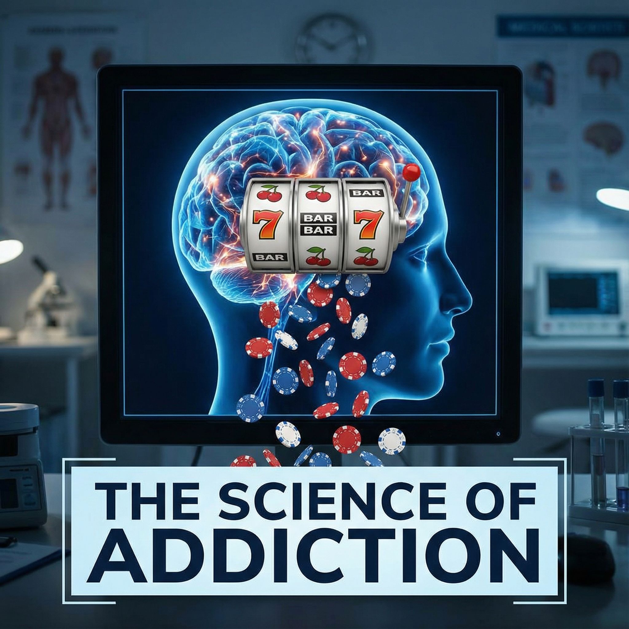 뇌 신경 회로가 빛나는 뇌 단층 사진 위로 슬롯머신 릴이 돌고 포커 칩이 떨어지는 모습입니다.