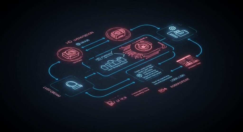 네온 스타일 아이콘과 흐름도를 활용해 사용자 인증, 보안 검증, 데이터 처리 과정을 단계별로 표현한 기술 인포그래픽