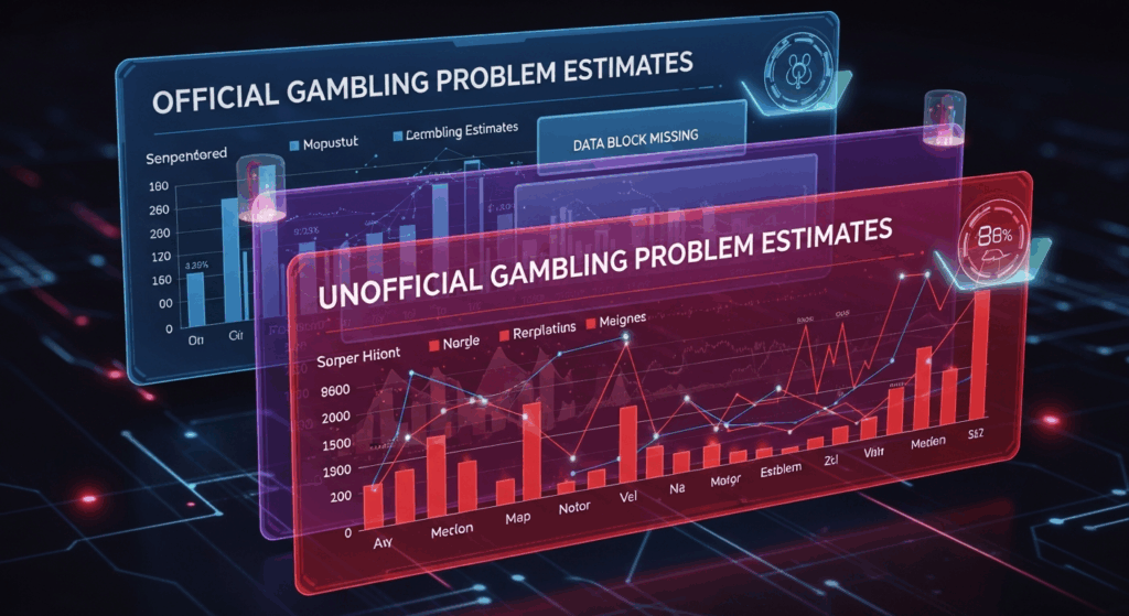 공식 자료와 비공식 자료의 도박 문제 추정치를 비교한 투명 패널형 데이터 시각화 그래프