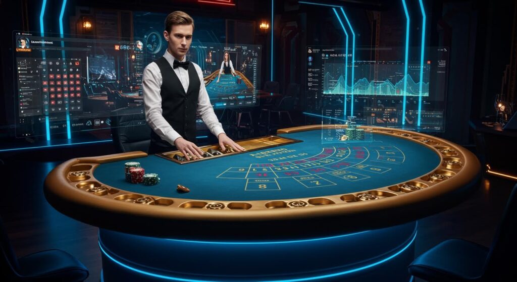 딜러가 카지노 테이블에서 게임을 진행하고, 뒤편에 실시간 분석 화면과 데이터 대시보드가 표시된 모습