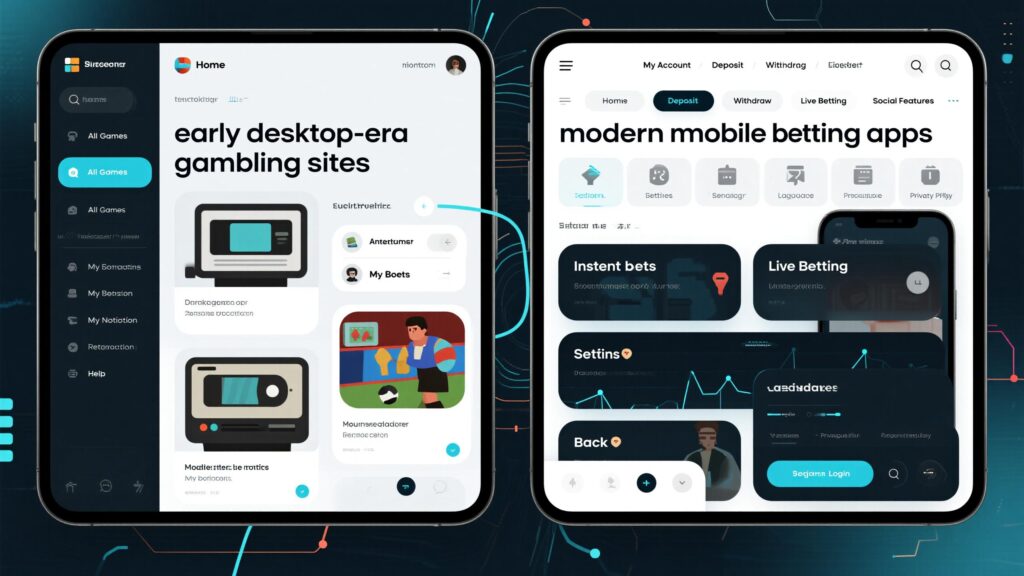 초기 데스크톱 기반 도박 사이트와 현대 모바일 베팅 앱의 UI를 비교한 인터페이스 디자인 화면