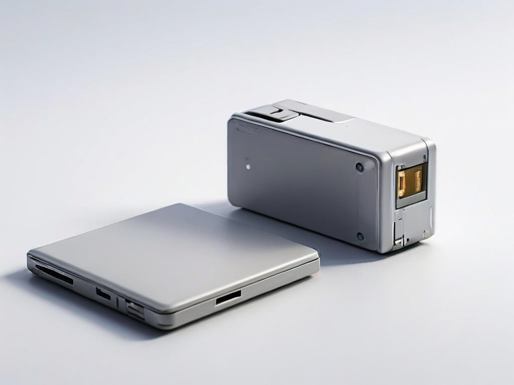Memory card, sealed drive, and blank photo sleeve arranged on gray studio surface for archive review.