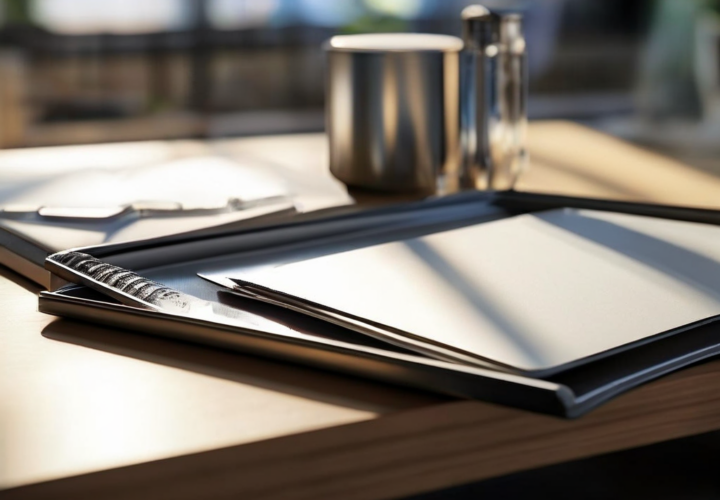 Blank divider cards and compact storage tray on brushed metal surface, organized reference collection, morning daylight.