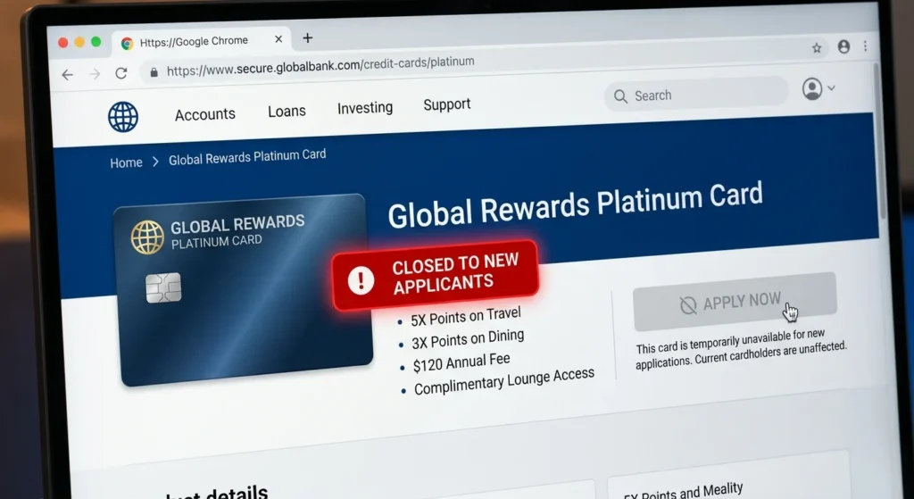 Illustration of a financial product page UI displaying a closed registration status badge.