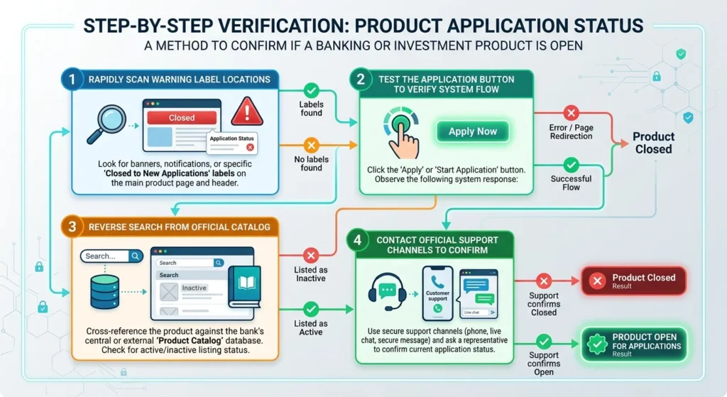 Flowchart diagram of the 4-step workflow to verify financial product availability.